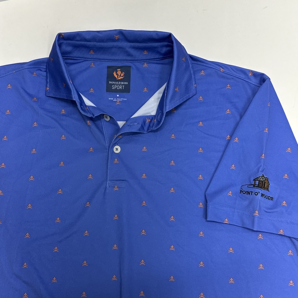 Donald Ross Casual Stretch Polo Golf Shirt Point O'Woods Blue All Over Print Med